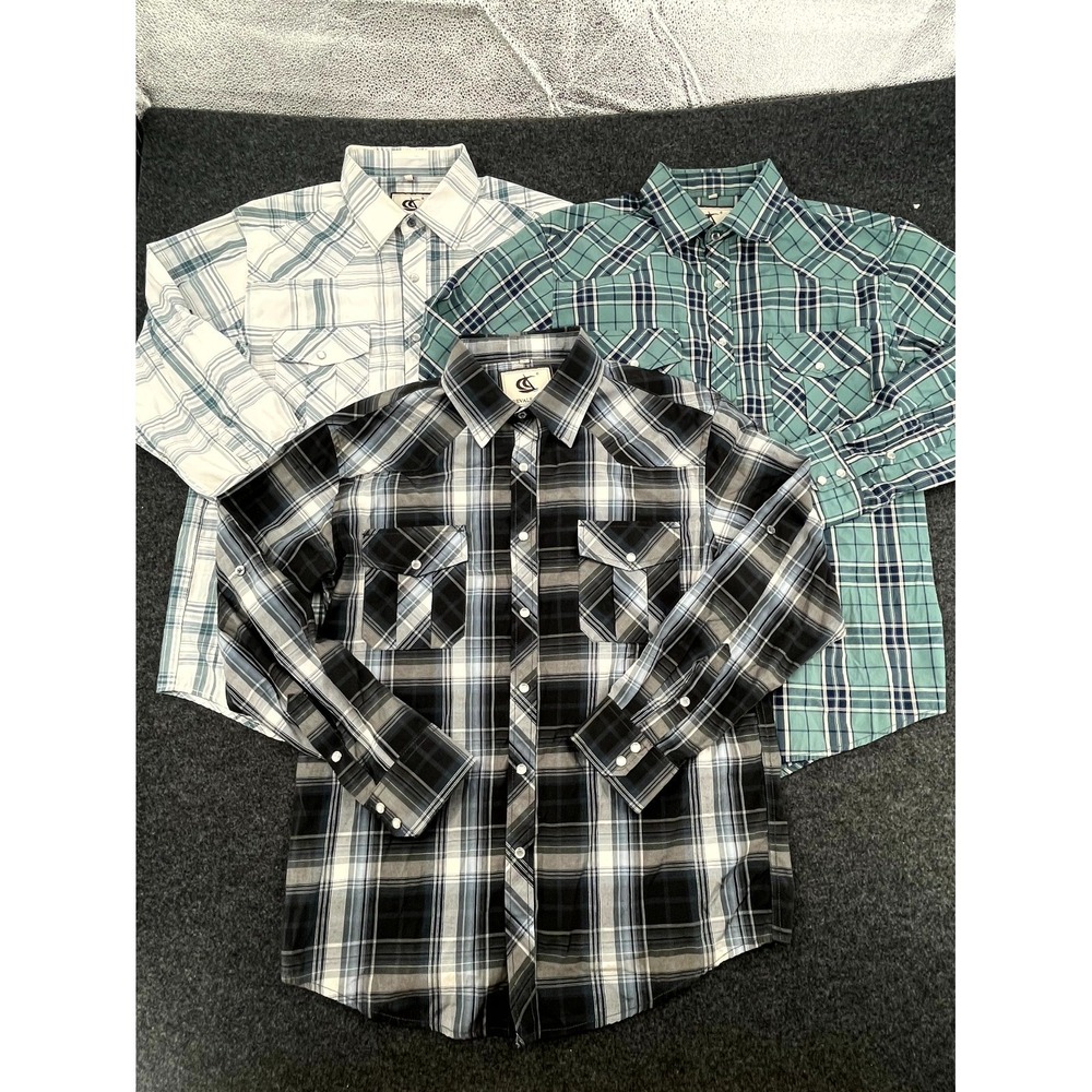 Lot 3 Coevals Club Western Shirt Mens Medium Green White Plaid Cowboy Pearl Snap